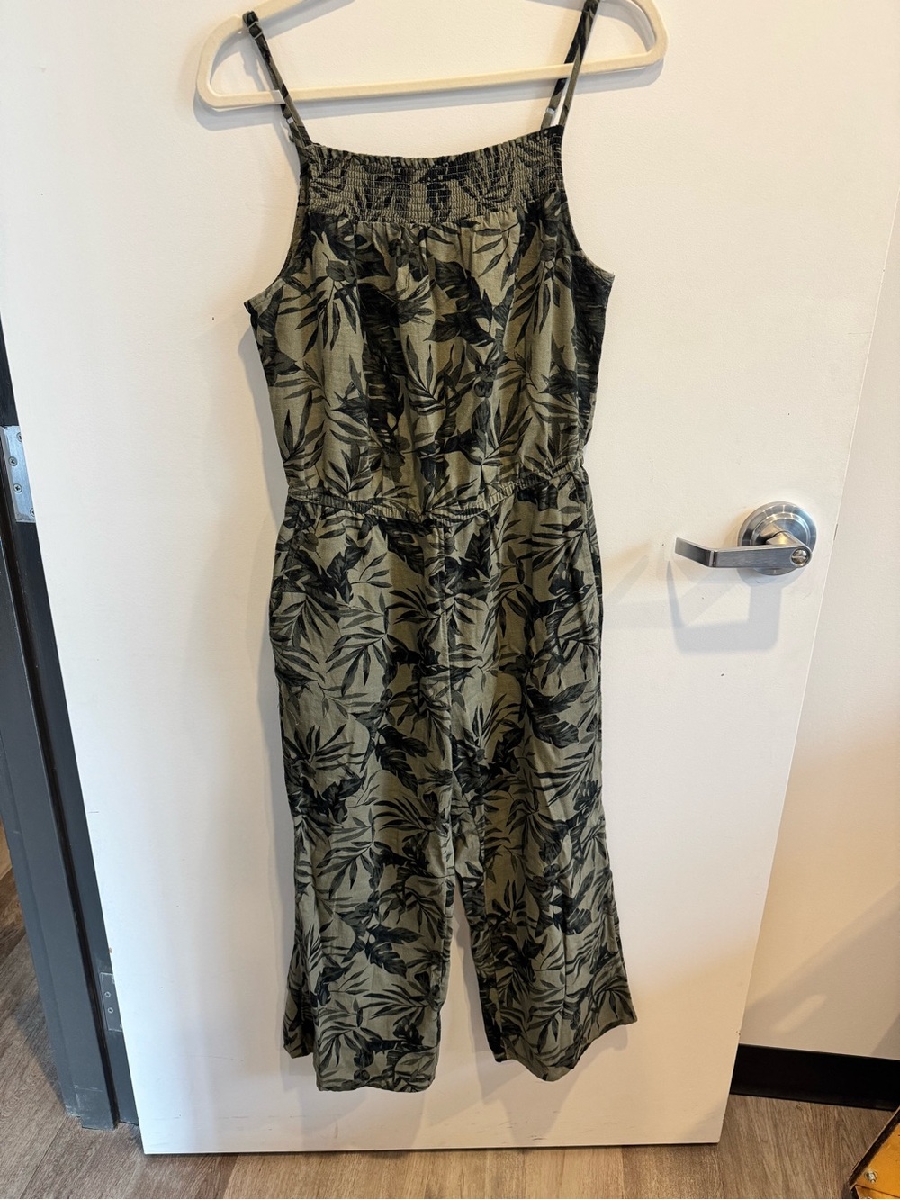Olive Green Palm Print Linen Blend Jumpsuit XS